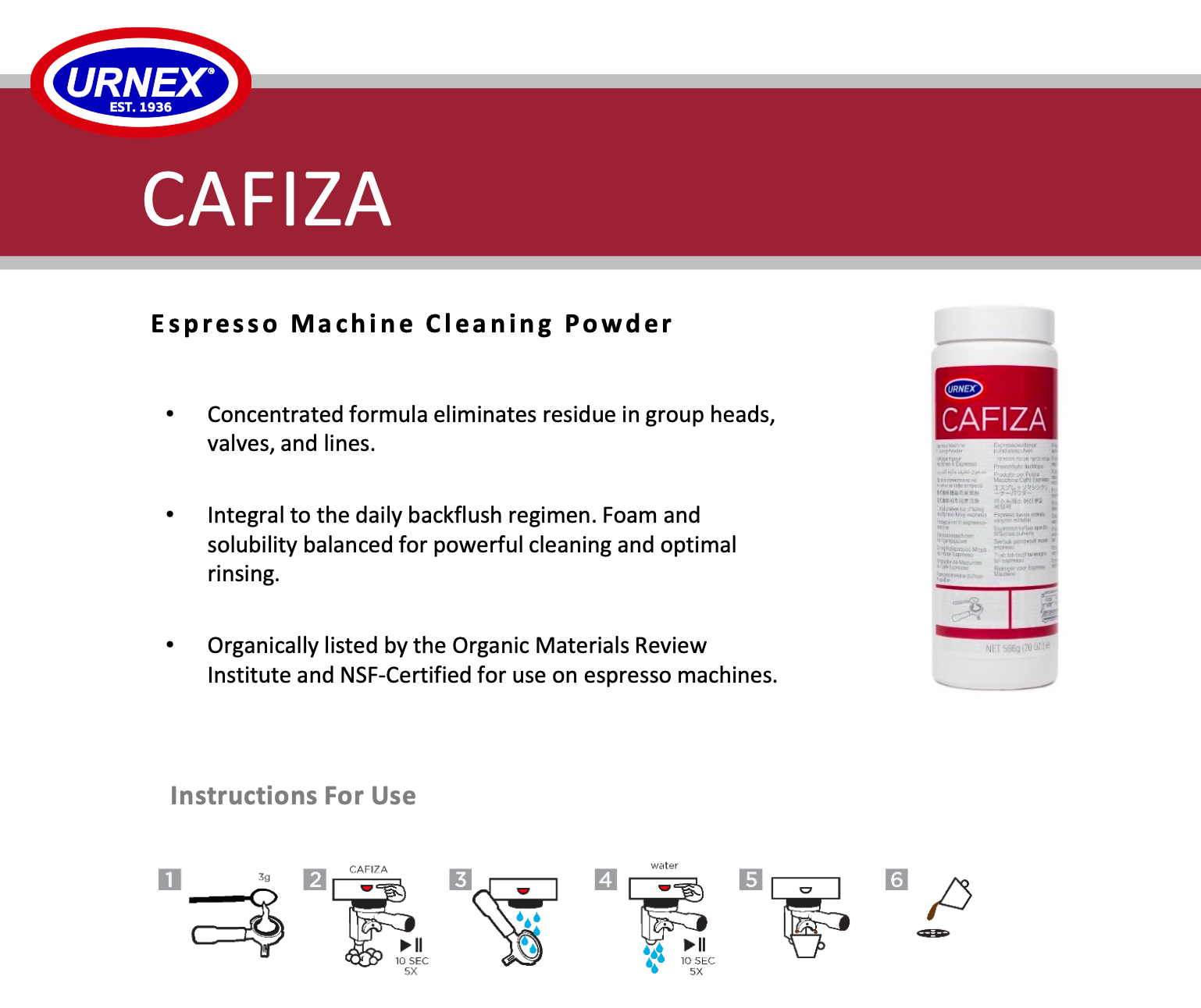 Urnex Cafiza Espresso Machine Cleaner - 20oz Powder